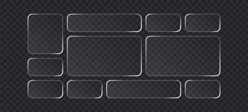 Set of glassmorphism style frames, transparent frosted glass rectangles with soft shadows, ui elements for web design, vector illustration