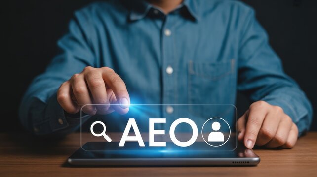 Businessman using tablet with AEO concept hologram display