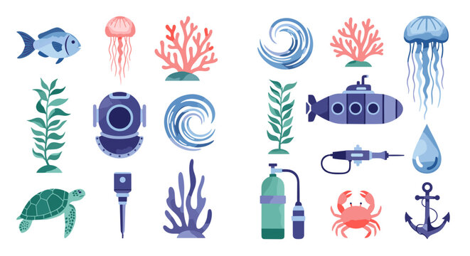 Hand-painted watercolor style marine life and underwater exploration gear collection featuring sea creatures and diving equipment on a soft light blue background surface.