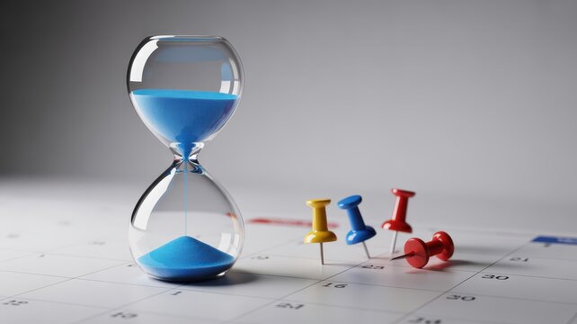 Hourglass with colorful push pins on a calendar concept for time management