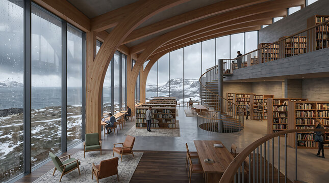 Modern Library Interior with Panoramic Views and Wooden Architecture.