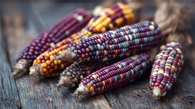 Several ears of multicolored flint maize rest upon a weathered wooden surface.