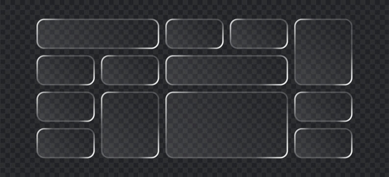 Set of glassmorphism style buttons or frames, transparent rectangular ui elements with soft glowing borders, modern frosted glass effect, vector illustration isolated on dark background