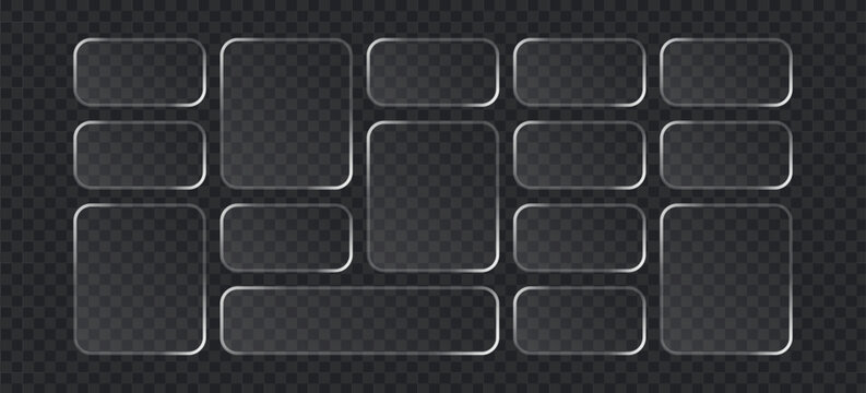 Set of glassmorphism style frames, transparent frosted glass plates with rounded corners, ui elements for web design, glossy buttons, empty frames for text, vector illustration