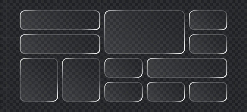 Set of glassmorphism style frames, frosted glass rectangles and squares with soft light borders, ui elements for web design, transparent glossy panels for buttons or text boxes
