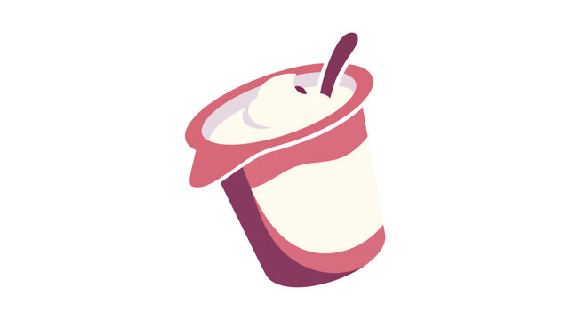 An isometric illustration depicts a cup of yogurt. It features a light pink container filled with white creamy yogurt and a spoon
