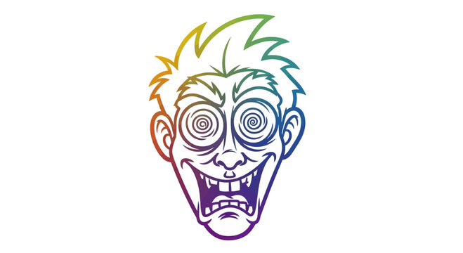 Crazy Man Face with Swirl Eyes, Grinning, Rainbow Colors, Cartoon Style
