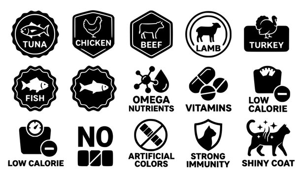 Pet Food Label Glyph Icon Set with Meat Sources, Nutrition Benefits, Vitamins, Low Calorie, and Healthy Animal Care Symbols