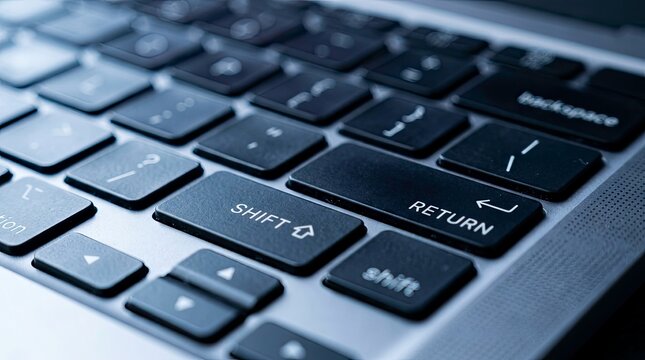 Close-up of laptop keyboard, keys, return, shift, technology, computer, communication.