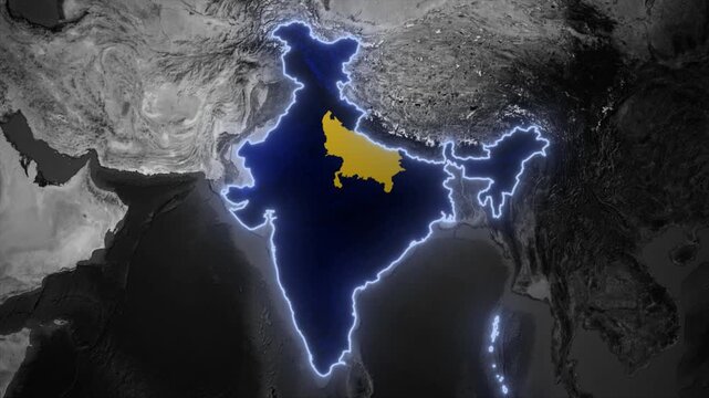 India map highlight Uttar Pradesh animation, UP state focus India, glowing state highlight map, geographic India state animation, location highlight Uttar Pradesh, country map with state selection