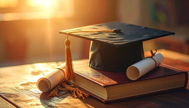 Graduation cap and diploma resting on a stack of old library books with a pen and glasses to symbolize the wisdom and knowledge gained through years of school study