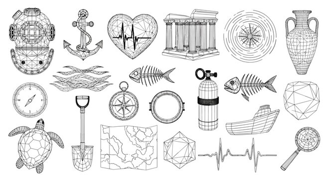 An organized array of complex nautical and archaeological wireframe icons including diving helmets, anchors, temples, compasses, and ship remains in black ink.