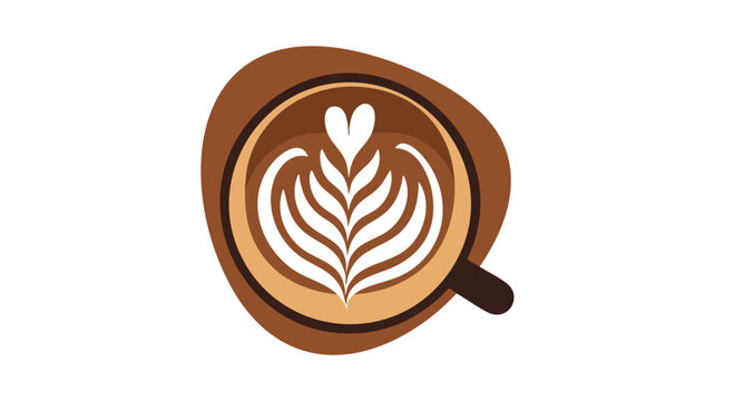 An artistic, stylized illustration of a latte. The coffee is decorated with a heart-shaped design at the top, and floral patterns. The design is displayed in a brown cup with a handle