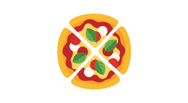 A cartoon-style illustration of a pizza cut into four slices, topped with red sauce, white cheese, green basil leaves, and tomatoes