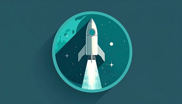 futuristic rocket launching through circular portal in teal cosmic space