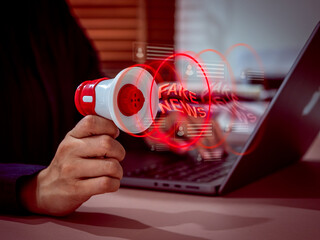 Naklejka premium Megaphone broadcasting fake news on digital social media network. Misinformation spread, online communication risk, propaganda, data manipulation, cyber influence and media credibility issues.