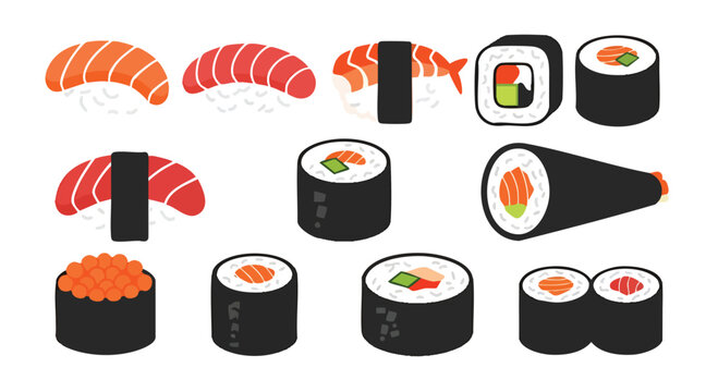 A collection of various, stylized, sushi pieces. The image showcases different types, including nigiri, maki rolls, and a temaki