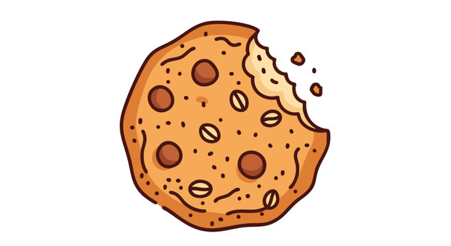 A cartoon depiction of a half-eaten baked confectionary with various inclusions; a circular shape on a white backdrop