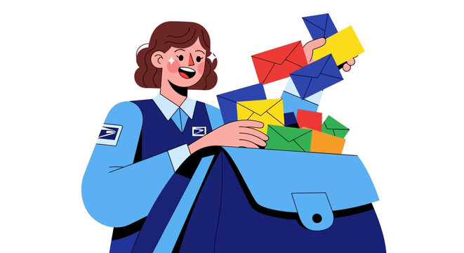 Vector illustration of a smiling female mail carrier in a blue professional uniform with patches filling a delivery bag with various colorful envelopes on a white background.