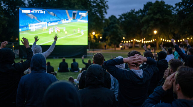 Crowd watching soccer match on large outdoor screen in park at dusk