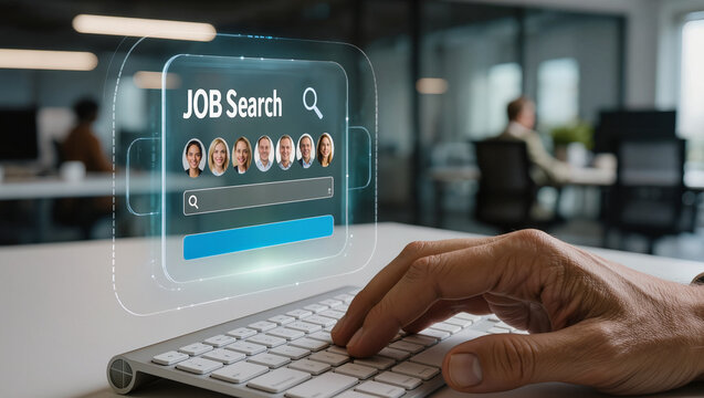 Hands Typing on Keyboard with Job Search Interface and Professional Connections in Office