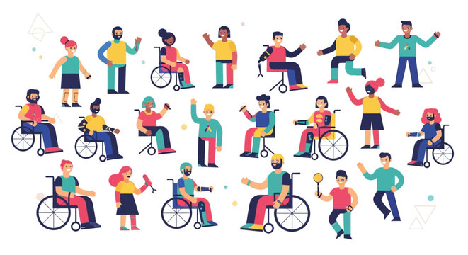 Colorful flat vector illustration showing a diverse community of people with physical disabilities, including wheelchair users, amputees with prosthetic limbs, and individuals with leg braces.