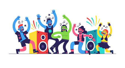 Fototapeta premium Flat vector illustration of five diverse stylized people dancing energetically at a music party with large colorful speakers, floating musical notes, and decorative stars.