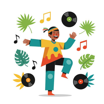 Vector illustration of a joyful young man in a colorful outfit dancing surrounded by vinyl records, musical notes, and green tropical leaves on a plain white background.