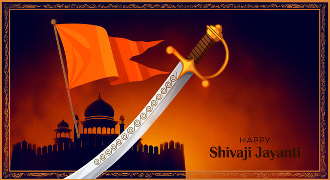 Vibrant shivaji jayanti celebration design with sword and saffron flag over mosque silhouette background