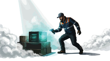 Fototapeta premium Cyberpunk Delivery Worker Investigating Mysterious Glowing Crates in Smoky Industrial Environment Vector Illustration