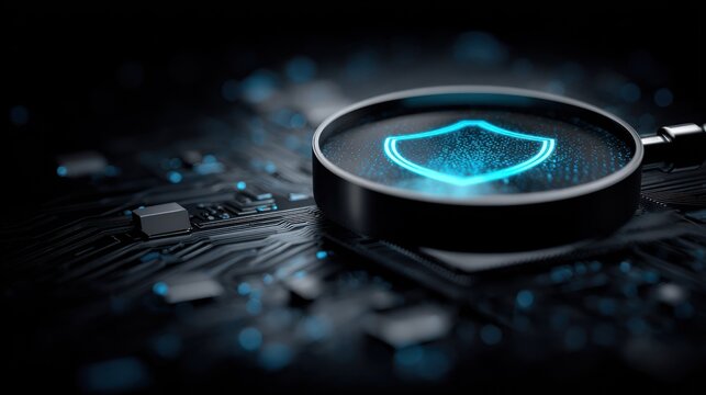 Magnifying glass reveals glowing digital security emblem over intricate electronic circuitry