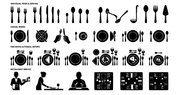 Comprehensive collection of black silhouette cutlery dinnerware and restaurant service icons for design projects