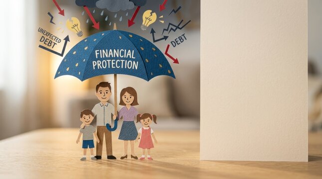 Umbrella protecting family paper cutouts
