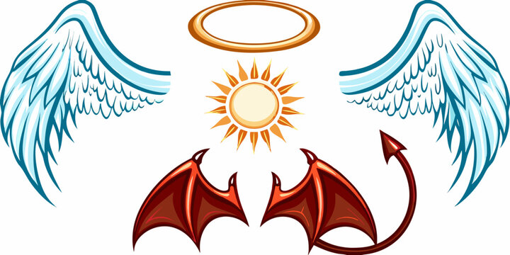 Angel and devil wings with halo and sun illustration