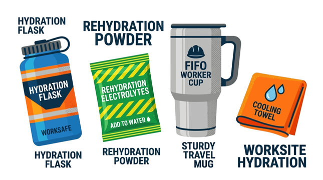 Essential hydration equipment including a water flask, rehydration powder, sturdy travel mug and cooling towel