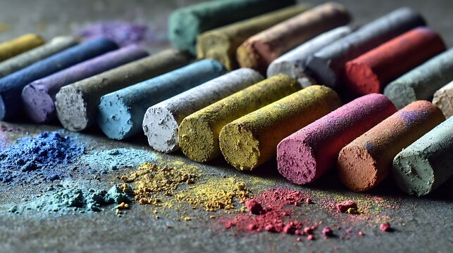 Colorful soft pastels sticks arranged on a dark grey surface.