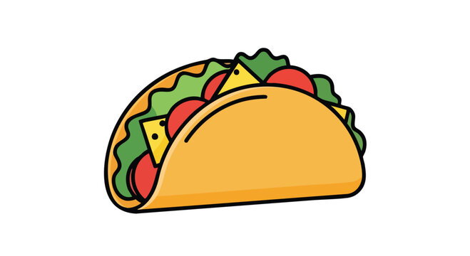 A cartoon taco, rendered with thick, black outlines. Inside the folded shell are tomatoes, lettuce and yellow cheese. Background is plain white