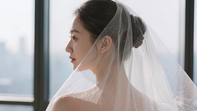 Side view portrait of a beautiful young bride wearing a sheer white veil and elegant bun hairstyle. Concept of wedding preparation, bridal beauty, marriage ceremony, and elegance