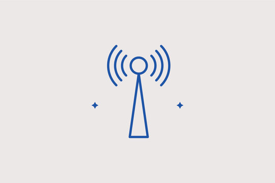 Radio tower signal line icon for telecommunications and broadcasting. Minimalist vector illustration for network coverage maps and wireless technology blogs.