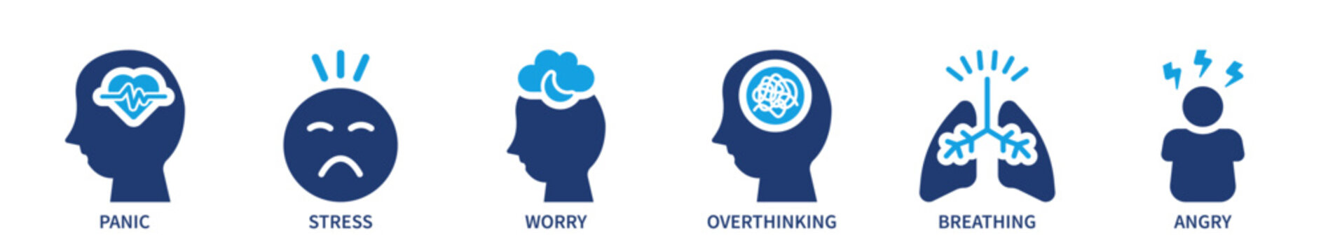 Human emotions icon set. stress, burnout, frustration, overthinking, anxiety. solid style icon collection.