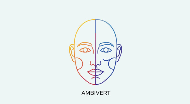 Ambivert Face Split: Introvert vs. Extrovert, Dual Personality, Balanced Psychology