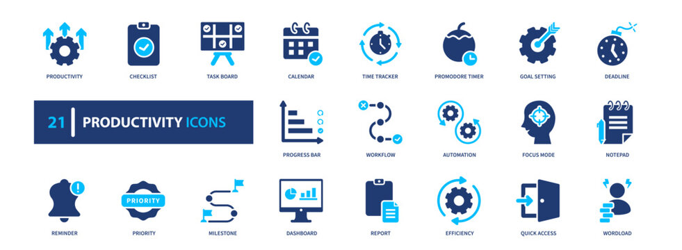 Productivity icon set. efficiency, workflow, performance, management, process. solid style icon collection.