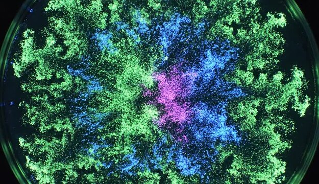 Vibrant bacteria colony growth visualized with abstract patterns in a laboratory petri dish