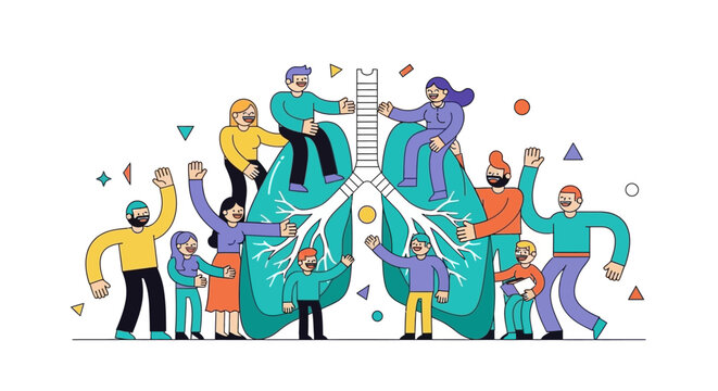 Flat vector illustration showing a diverse group of people interacting with a large pair of human lungs, highlighting respiratory health awareness and pulmonary medical care support.