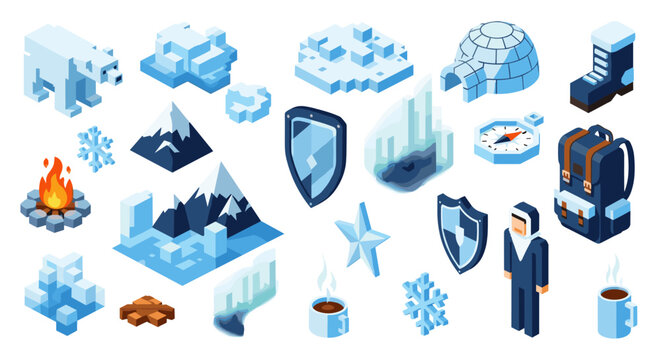 A collection of isometric arctic and winter icons including polar bears, igloos, icebergs, and snowy gear is displayed against a clean light blue background surface.