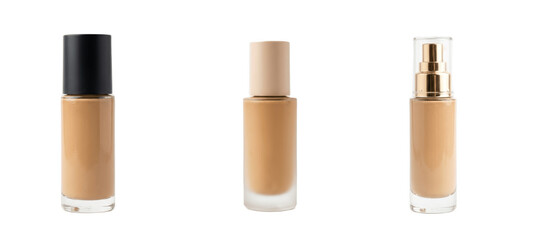 Obraz premium Liquid Foundation Bottles Set on White Background, Three Cosmetic Packaging Variations for Makeup, Beauty Branding, Skincare Product and Advertising