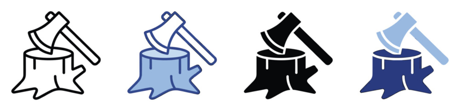 Axe stuck in tree stump icon set with various styles suitable for forestry and lumberjack themed graphic resources