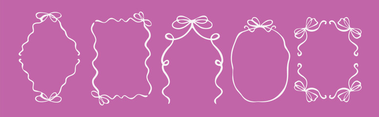 Hand drawn ribbon bow frames collection with elegant doodle borders and decorative line art shapes for wedding invitations, greeting cards, feminine branding and social media templates. © Parul