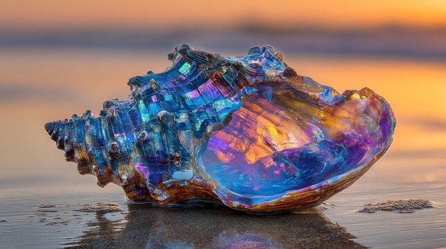 Iridescent seashell rests upon wet sand near the ocean during a colorful sunset