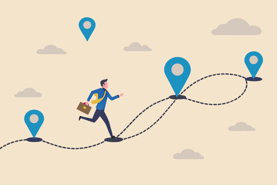 businessman running along dotted path with map markers vector illustration